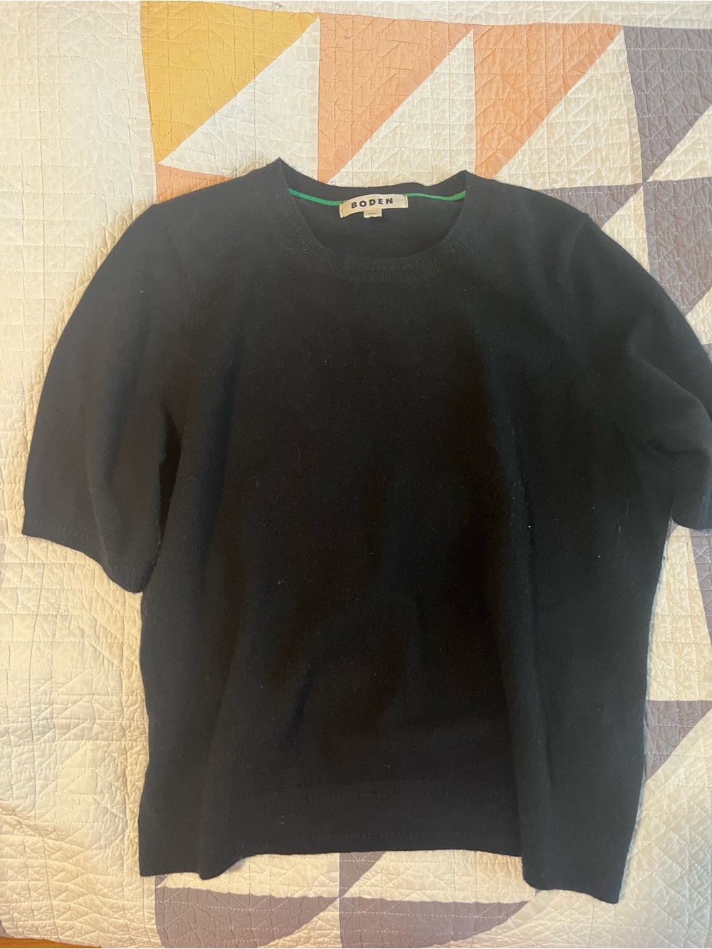 Boden Black Knit Top with Green Trim
